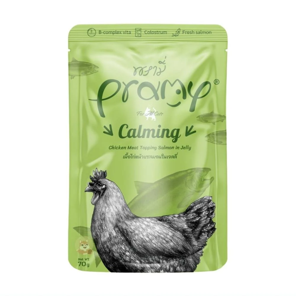 Pramy Calming Pouch Chicken Meat Topping Salmon In Jelly For Adult Cat Wet Food 70g