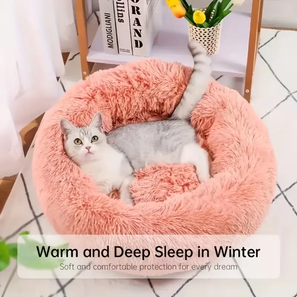Soft Round Cat Bed Non Slip Base Pink