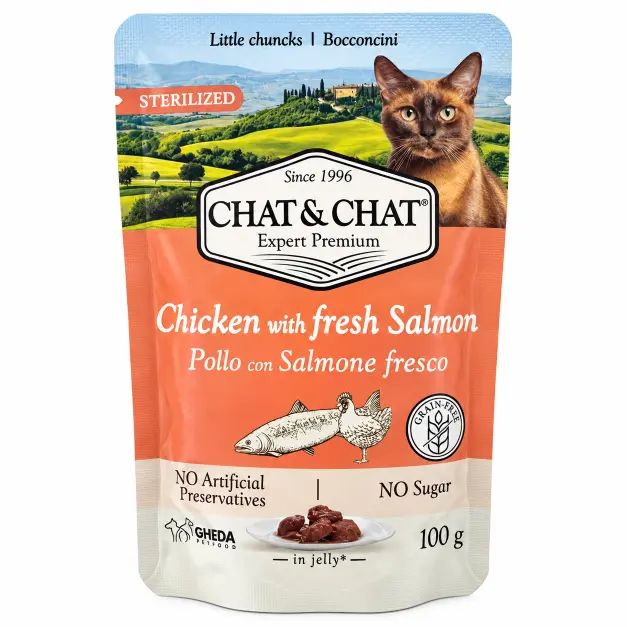 Chat & Chat Sterlised Chicken Salmon Wet Cat Food  Pouches 100g