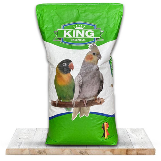 Bag of King pet food for birds on a white background