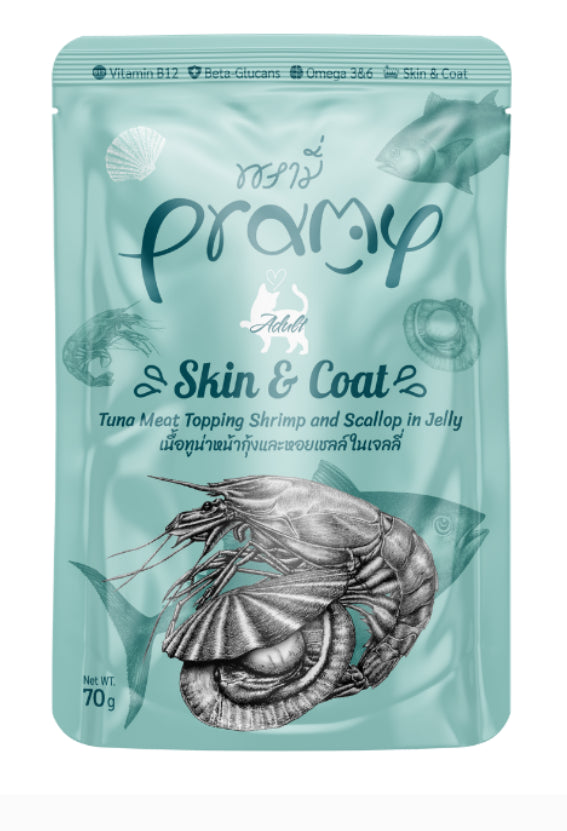 Pramy Skin & Coat Tuna topping Shrimp and Scallop in Jelly 70g pet product in Qatar