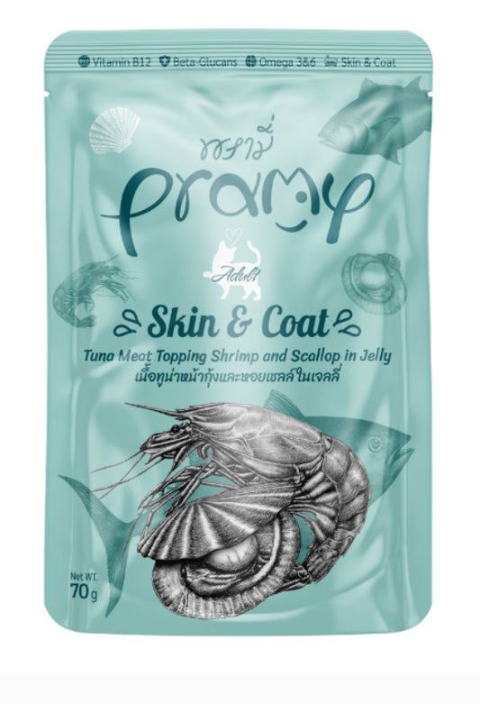 Pramy Skin & Coat Tuna topping Shrimp and Scallop in Jelly 70g pet product in Qatar