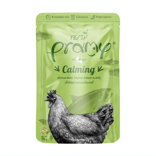 Pramy Calming Pouch Chicken Meat Topping Salmon In Jelly For Adult Cat Wet Food 70g