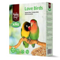 Bird food packaging for lovebirds with two birds on a branch and 'Hobby First' branding.