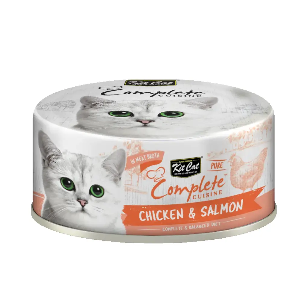 Cat food can with 'Kit Cat Complete Cuisine' branding on a white background