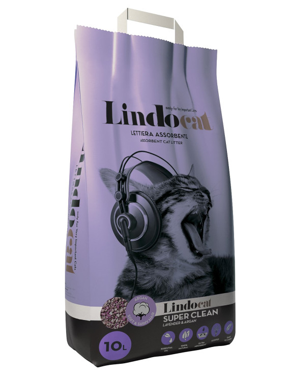 Lindocat cat litter packaging with a cat wearing headphones on a purple background
