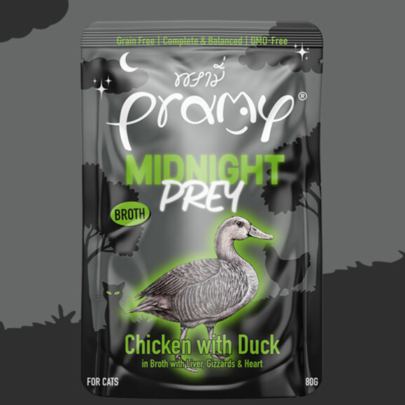 Pramy Midnight Prey cat food package with a duck illustration on a dark background
