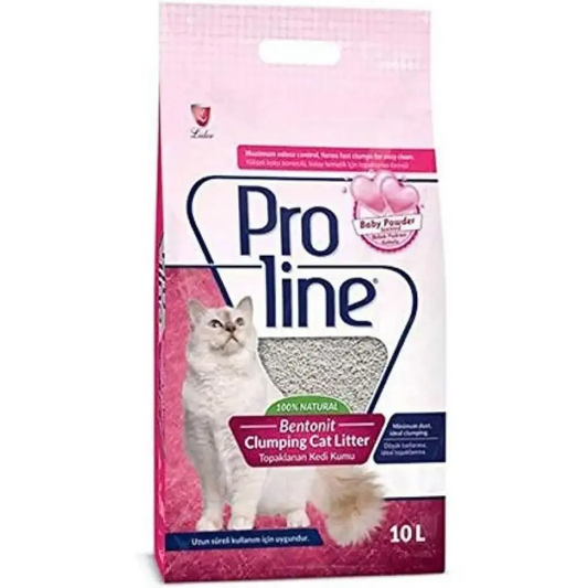 Proline cat litter packaging with a pink background and a cat illustration.